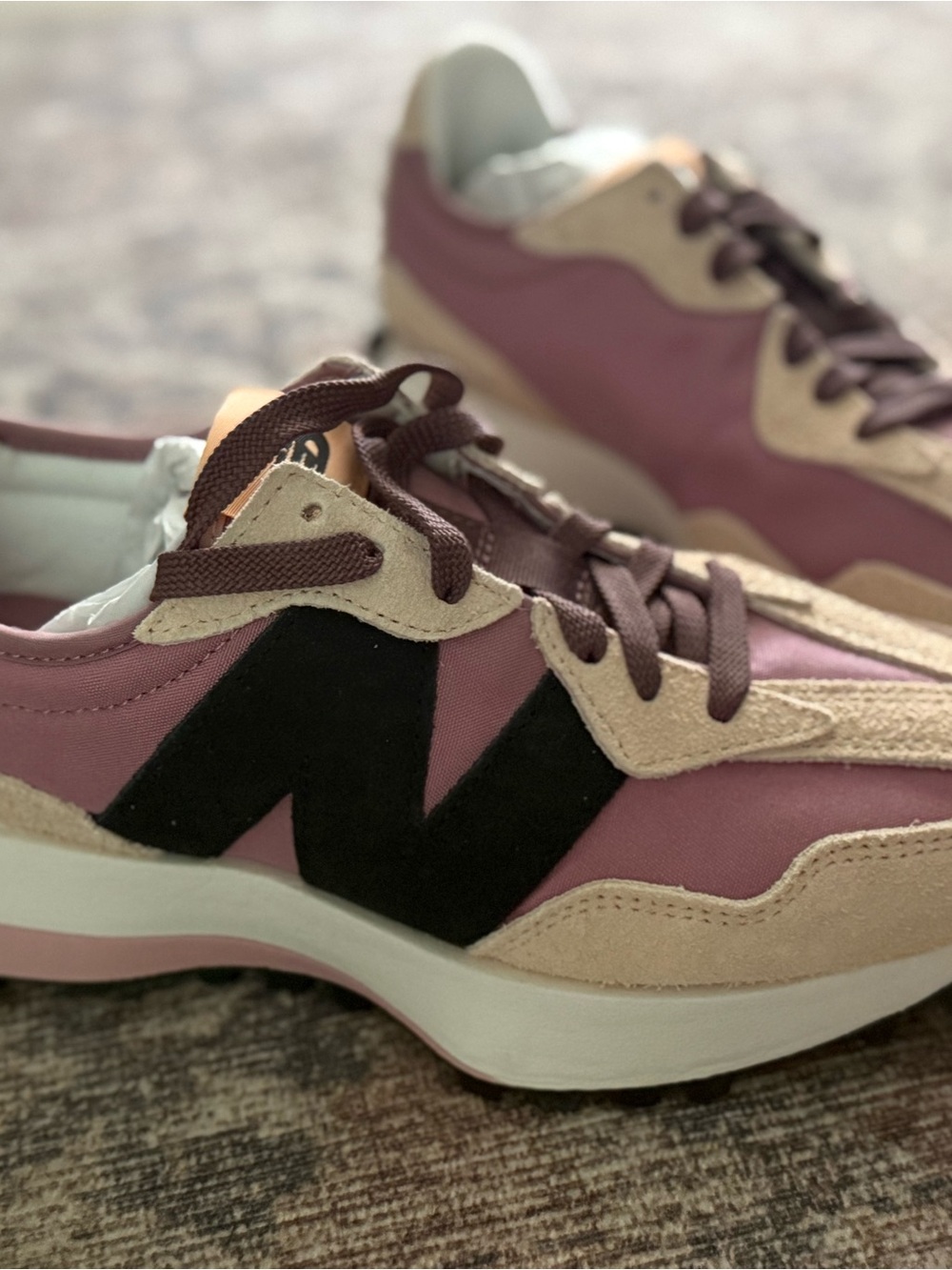 New Balance Women's 327 Mauve & Beige Suede Runner with Black Logo